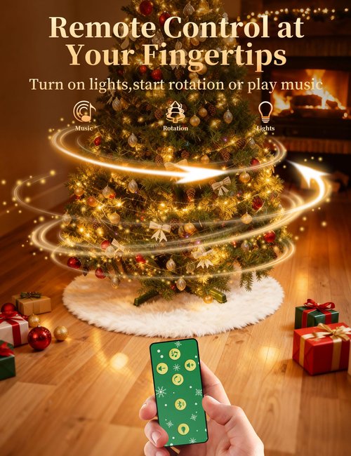 HOPOCO Musical Rotating Christmas Tree Stand with Remote, Anti-Tilt Noiseless 360-Degree Spinning Tree Stand Base with Speaker & Memory Function, Xmas Tree Holder Up to 9FT 120lb Artificial Tree 800W