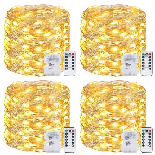 4 Pack Fairy Lights Battery Operated with Remote, Total 480LED 156Ft Battery Powered String Lights with Timer, 8 Modes Waterproof Twinkle Christmas Lights for Bedroom Party Indoor Mason, Warm White