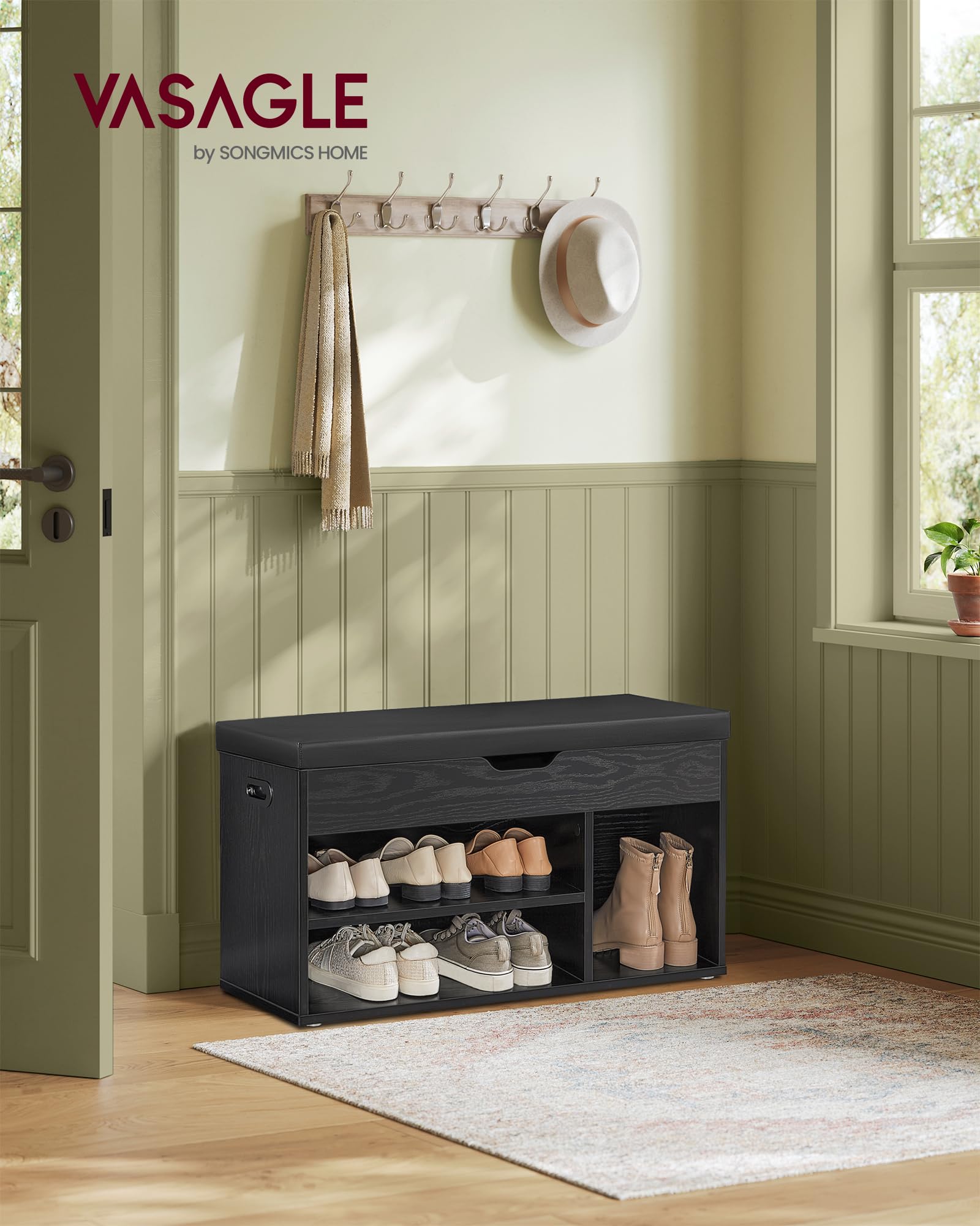 VASAGLE CUSTOS Collection - Storage Bench with Cushion, Shoe Bench, Padded Seat, Hidden Storage, Entryway, Hold up to 300 lb, 11.8 x 31.5 x 17.3 Inches, Ebony Black and Ink Black ULHS030B03