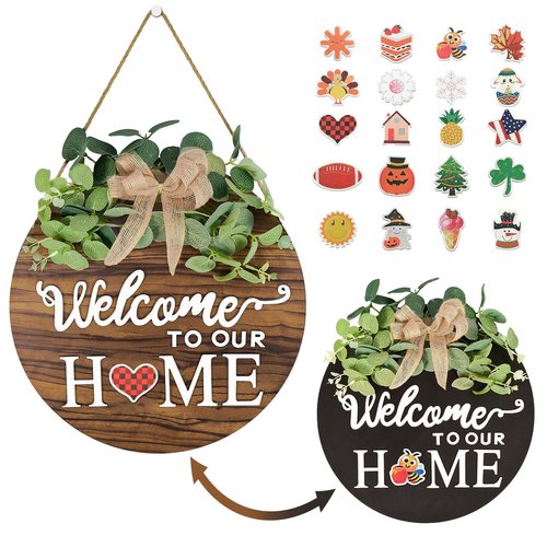 Pinkpum Double Sides Interchangeable Welcome Sign Front Door Decor with 20 Seasonal Icons 2 in 1 Round Wood Wreaths Gifts House Outdoor Indoor Home Decorations All Seasons