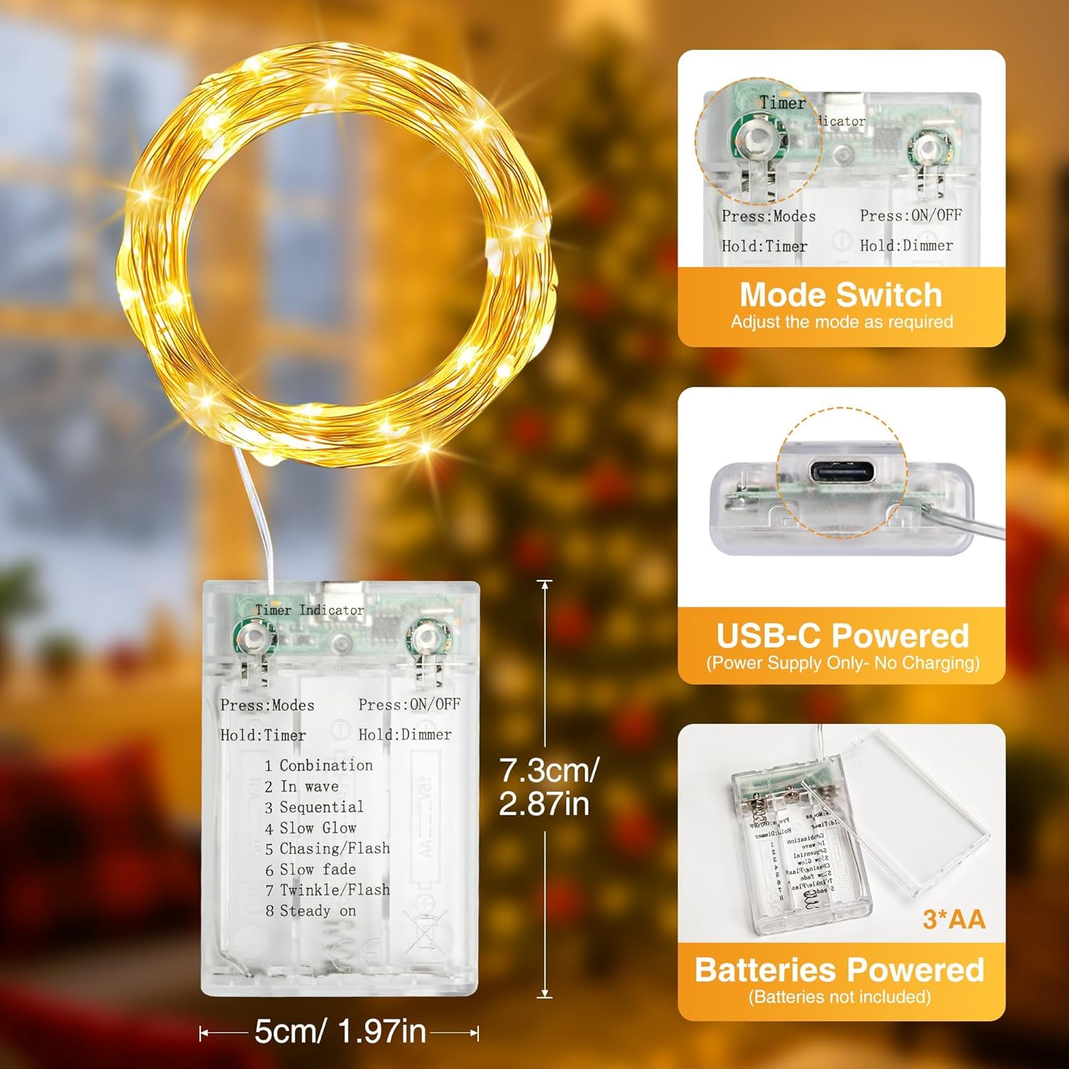 Skiennix 50 LED Fairy Lights - 16FT Battery Operated String Lights with Timer & 8 Modes | Warm White