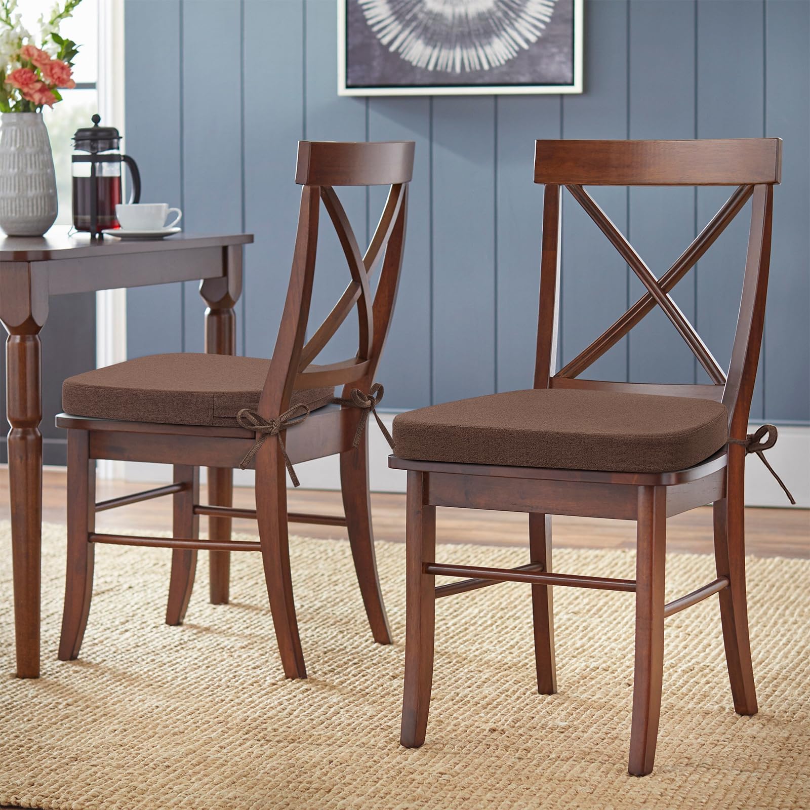 Shinnwa Dining Chair Cushions Set of 4, Non-Slip Kitchen Chair Cushions with Detachable Straps and Machine Washable Cover, 4 Pack, 17x16x2in, Brown