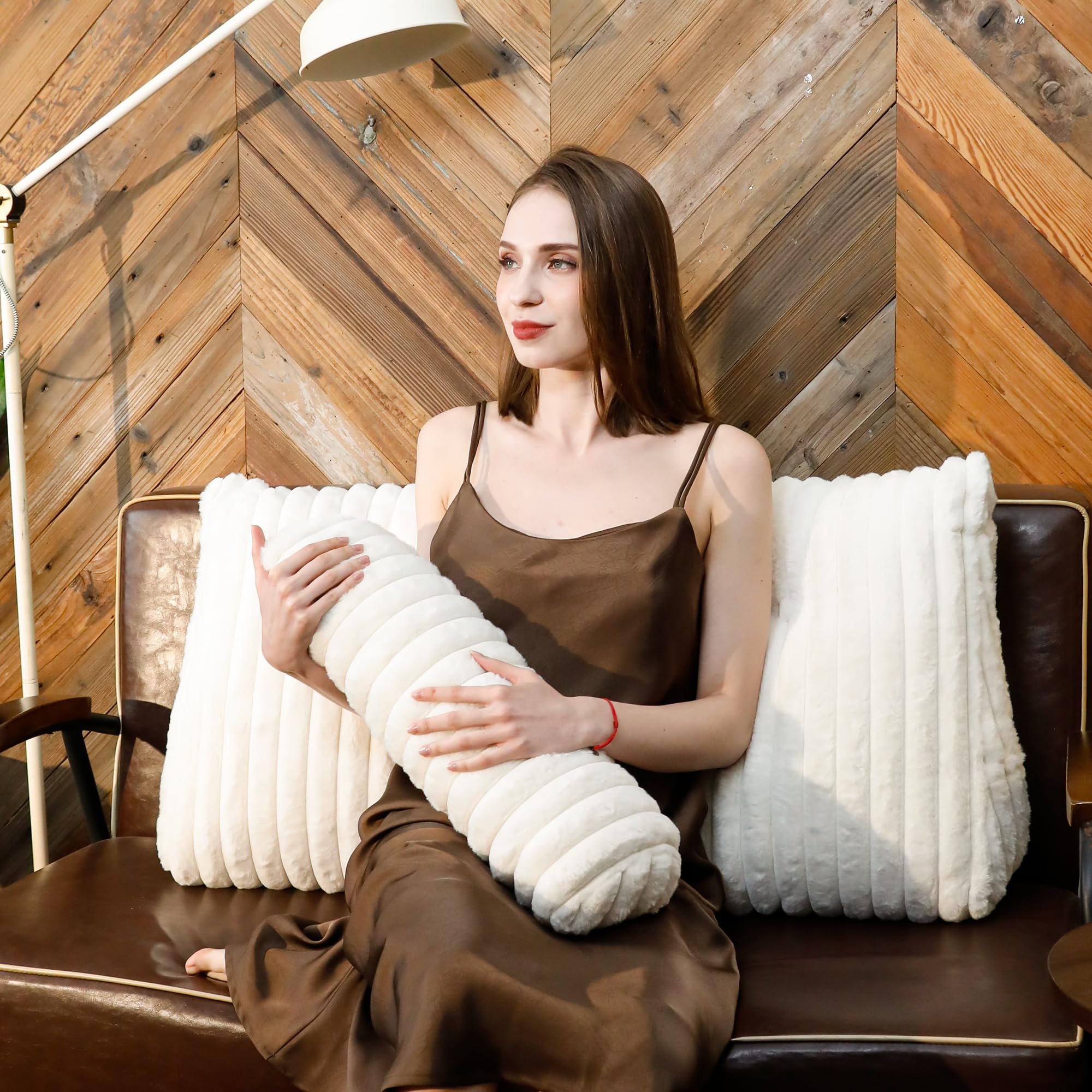 Wellty Care Luxury Faux Fur Headboard Pillow Twin Size - Triangular Wedge Cushion for Bed & Sofa, Fluffy Reading Backrest Bolster with Detachable Neck Roll, Washable Cover & Side Pocket, Ivory