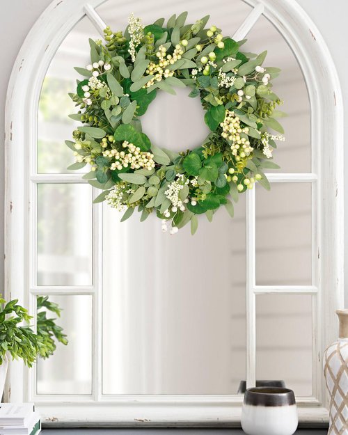 Vlorart 22 Inch Artificial Spring Summer Christmas Greenery Wreaths for Front Door Green Eucalyptus Leaf Wreath Decor Boxwood with Big Berries for Outside Year Round