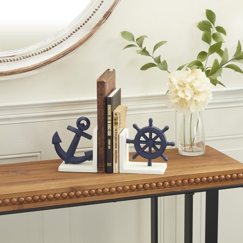 Deco 79 Metal Anchor and Ship Wheel Bookends, Set of 2 6"W, 6"H, Blue
