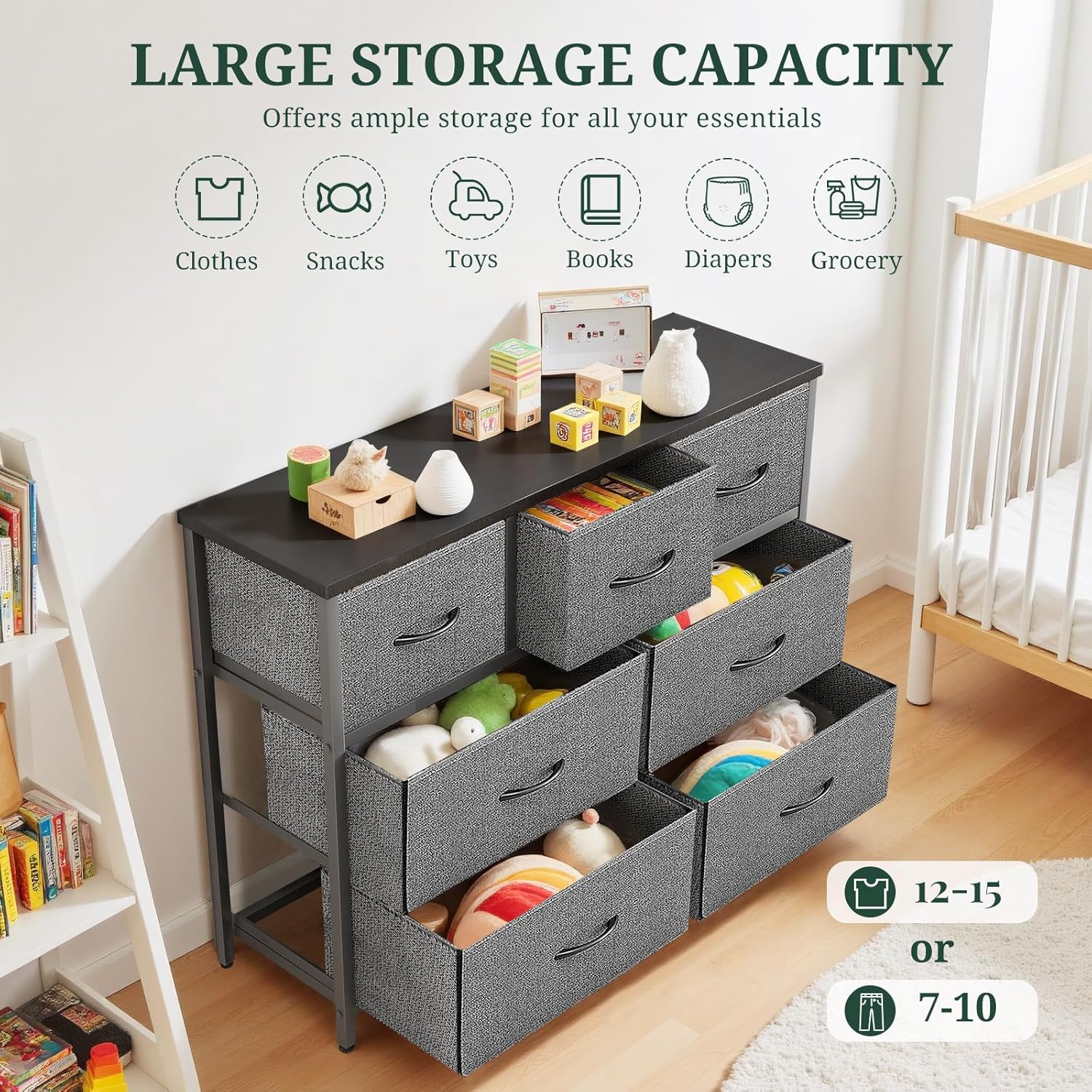 Skiennix 7-Drawer Dresser - Anti-Tip Wide Storage Organizer with Wooden Top | Gray Fabric Chest for Bedroom, Living Room, Hallway