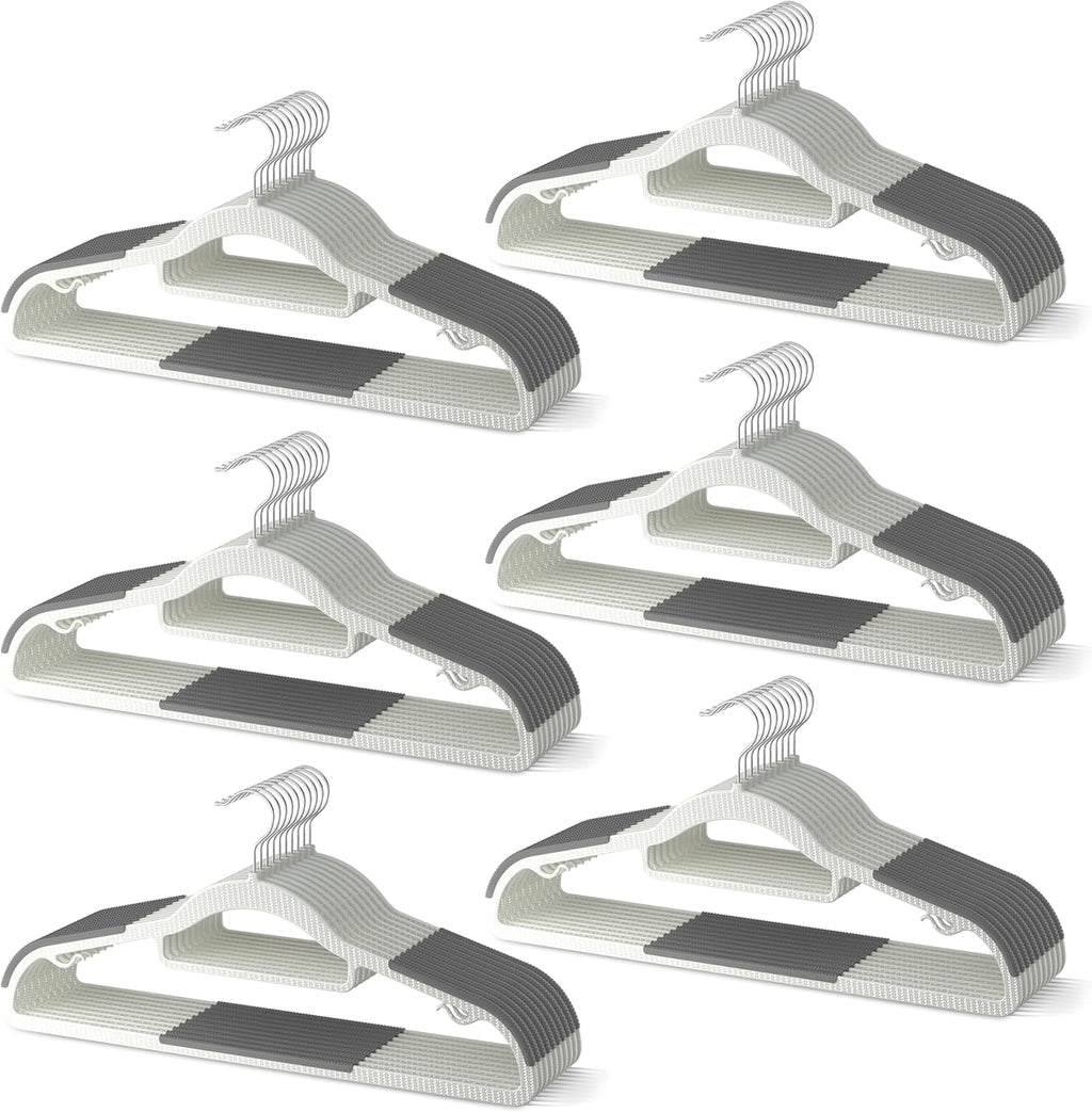 Skiennix Heavy Duty Plastic Hangers - Non-Slip Design with Rubber Pads, 360° Hook | Space-Saving Gray 60-Pack