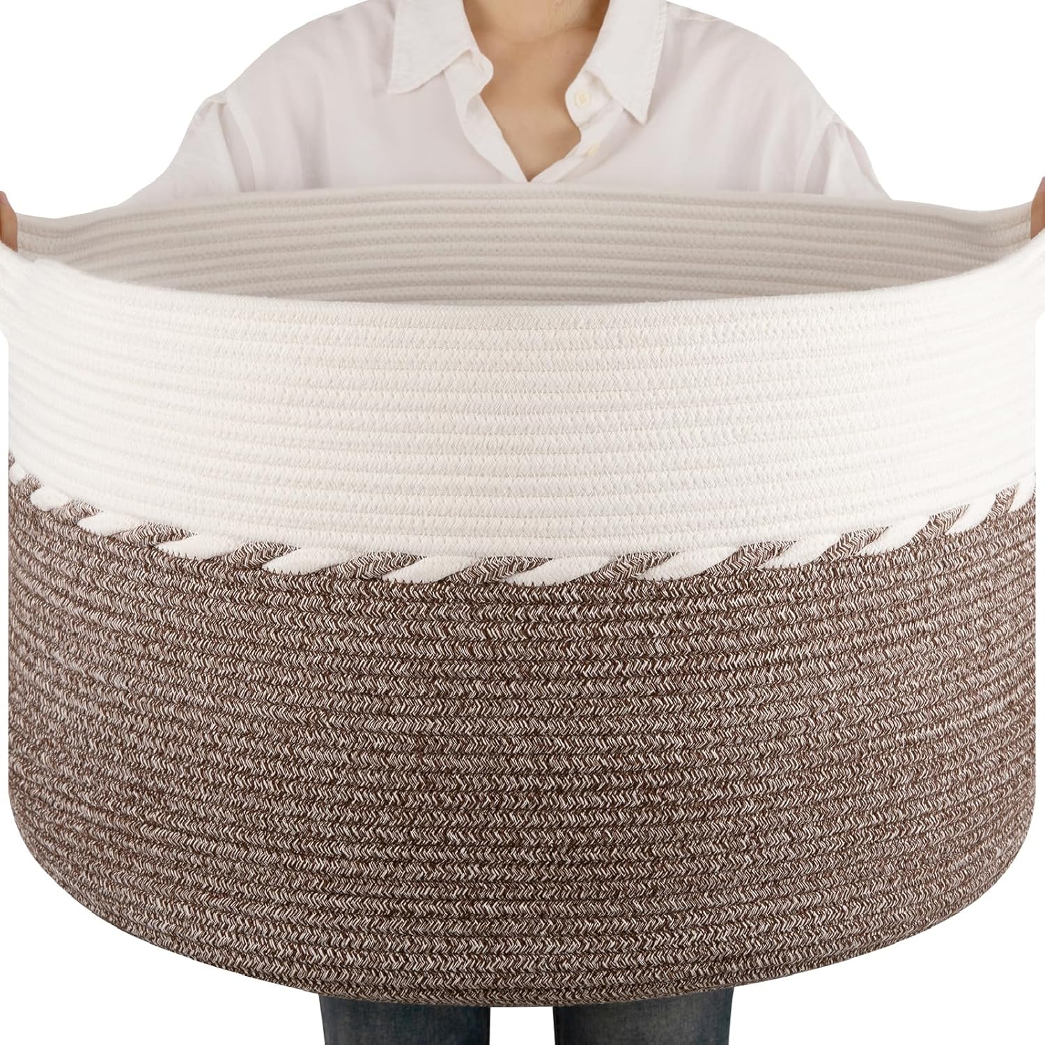 OIAHOMY 90L Blanket Basket - Large 23" x 23" x 13" Storage Solution with Handles for Laundry, Toys & More - Brown & White