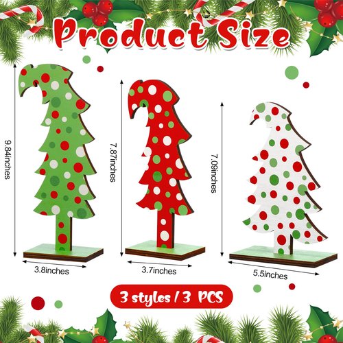 Meooeck 3 Pcs Lime Green Wood Christmas Tree Tabletop Bendable Christmas Tree Small Decor Farmhouse Standing with Rectangular Base for Home Office Tabletop Decor(Polka Dot)