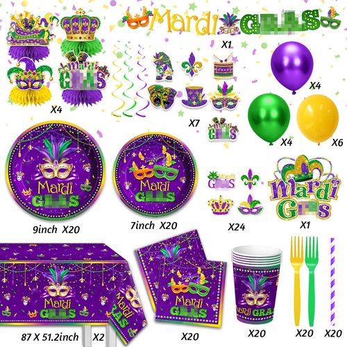Masquerade Party Decorations-172Pcs Mask Themed Plates and Napkins Green Gold Purple Tableware Set Masquerade Party Supplies