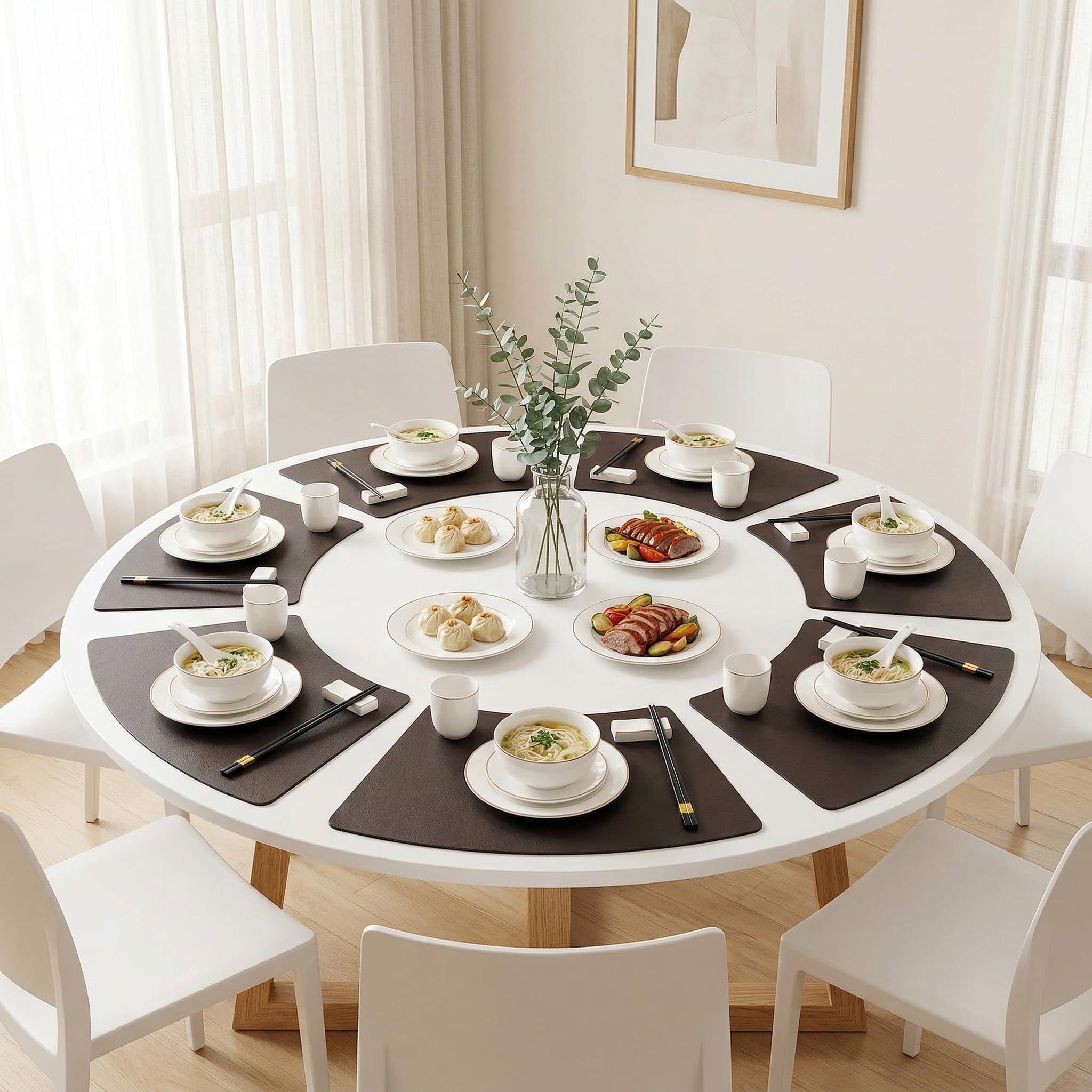 Leather Round Table Washable Placemats, Thick Faux Leather Heat Resistant Wedge Table Placemat, Waterproof Non-Slip Easy to Clean Place mat for Kitchen Coffee Dining Room Table Set of 6