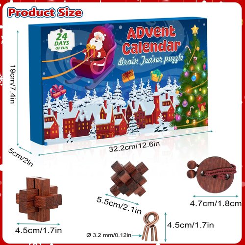 Advent Calendar 2025 Brain Teaser for Kids & Adults - 24 Days of Metal Puzzle Ring & Wooden Toy Games, Christmas Countdown with Mind IQ Logic Challenges, Unlock Interlock Gift for Boys Girls Teens