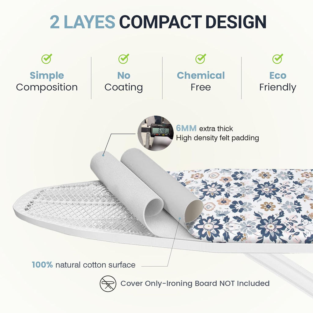 UniSimp Ironing Board Cover - Extra Thick Natural Cotton, Scorch & Stain Resistant | 18"x49" Floral Design
