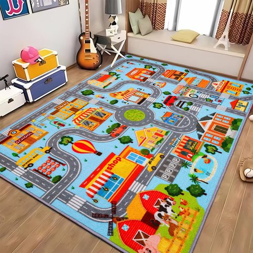 Car Rug for Kids, Car Play Mat Carpet, Extra Non-Slip Traffic Road Rug for Kids, City Map Educational Mat for Playroom Boys Bedroom Classroom (78.7X59 INCH, Blue Sky)