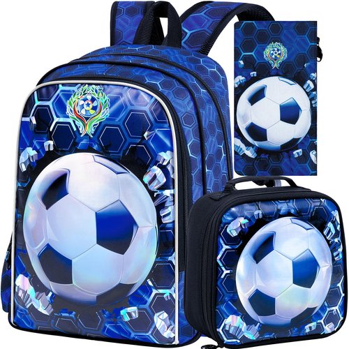 WZLVO 3PCS Football Backpack for Boys, 16'' Kids Soccer Bookbag with Lunch Box, Water Resistant School Backpacks for Preschool Elementary Kindergarten Travel