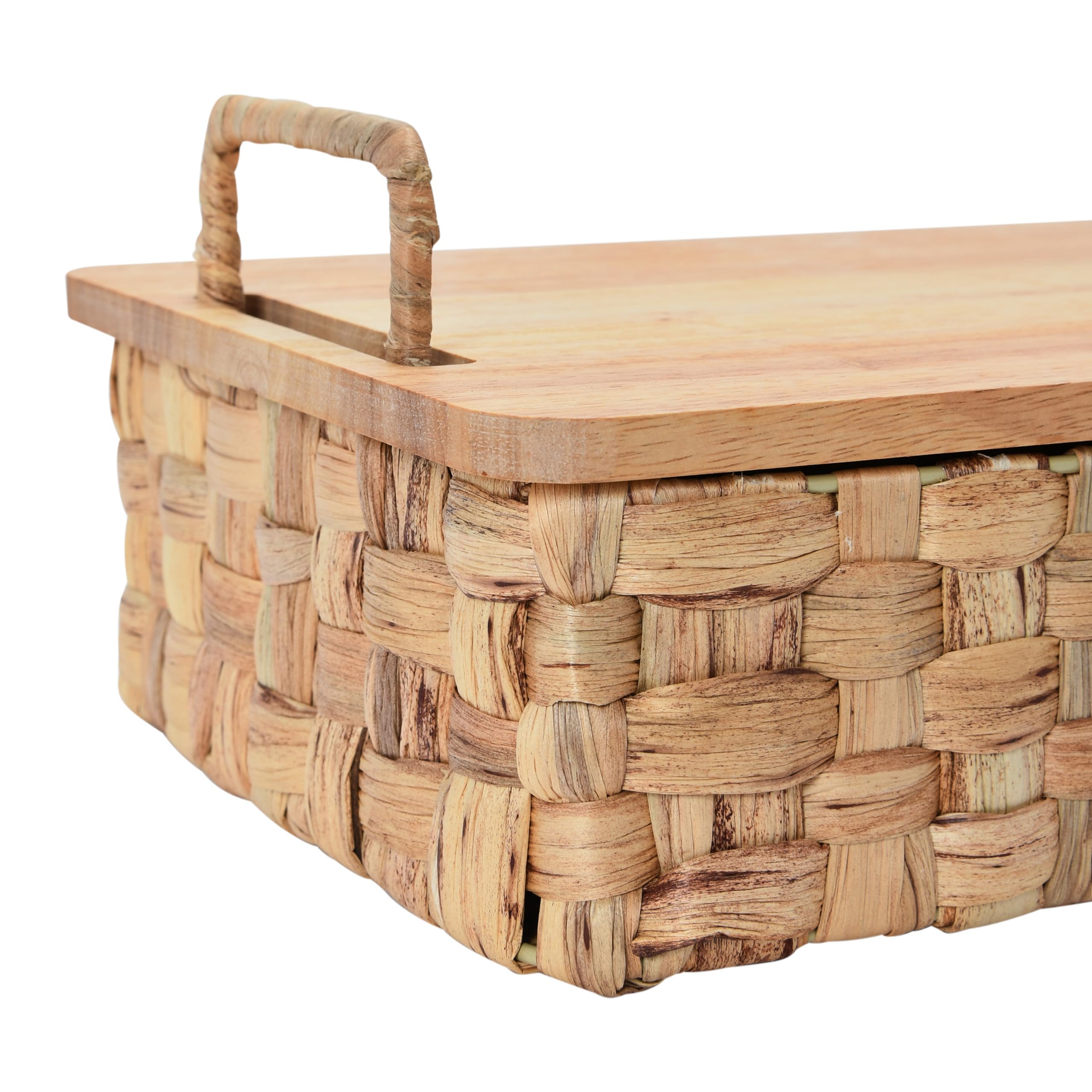 Household Essentials Stackable Hyacinth Baskets with Oak Lids, Natural, Set of 2