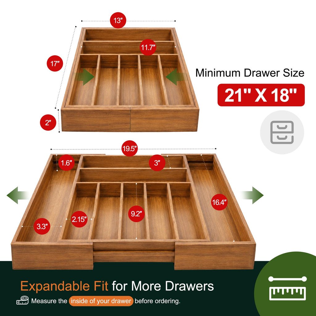 oridom Large Premium Acacia Silverware Organizer - Expandable Drawer Organizer & Utensil Organizer - 17"x19.7" Cutlery Tray with Dividers for Kitchen Utensils and Flatware (7-9 Slots) Acacia