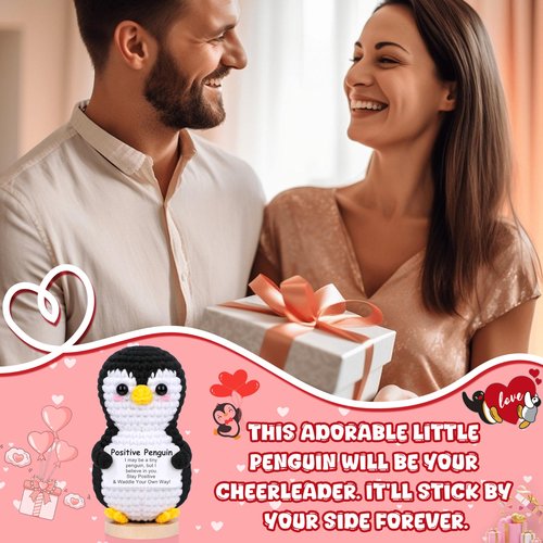 JoycuFF Mini Positive Crochet Penguin, Funny Graduation Birthday Gifts for Women Men Friend Daughter Coworker, Valentines Day Emotional Cute Penguin Present