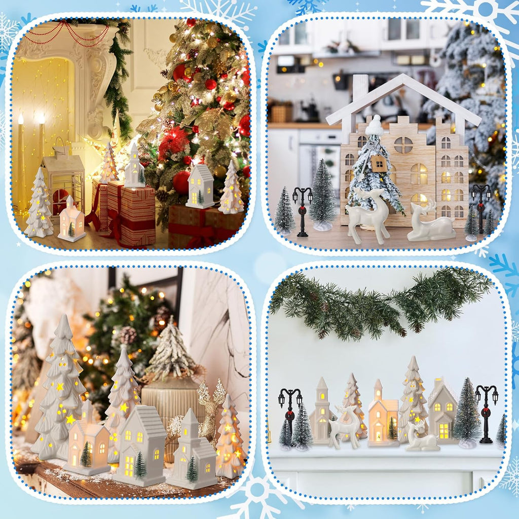 Nuogo 14-Piece Ceramic White LED Christmas Village Houses Set | Includes Tree & Reindeer Figurine