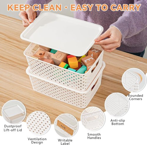 10 Pack Plastic Storage Bins - Stackable Organizing Baskets with Lids & Handles for Home & Craft