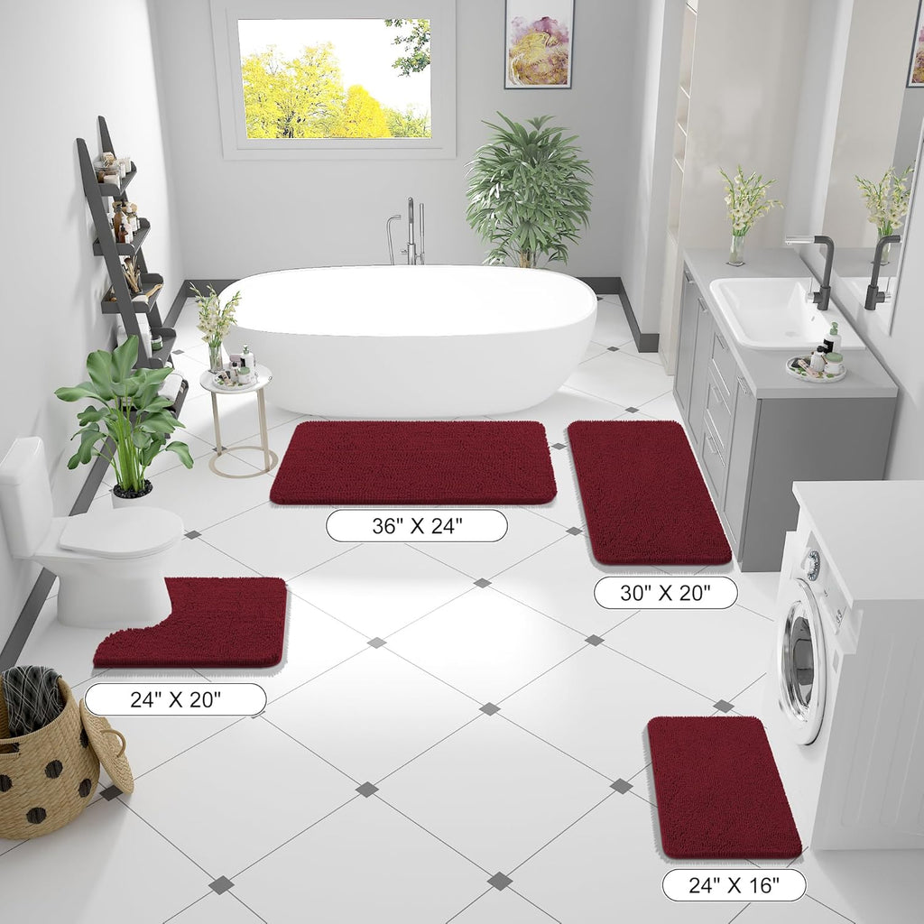 OLANLY Bathroom Runner Rugs - Soft Absorbent Chenille with Rubber Backing | 44x24 Inches, Burgundy