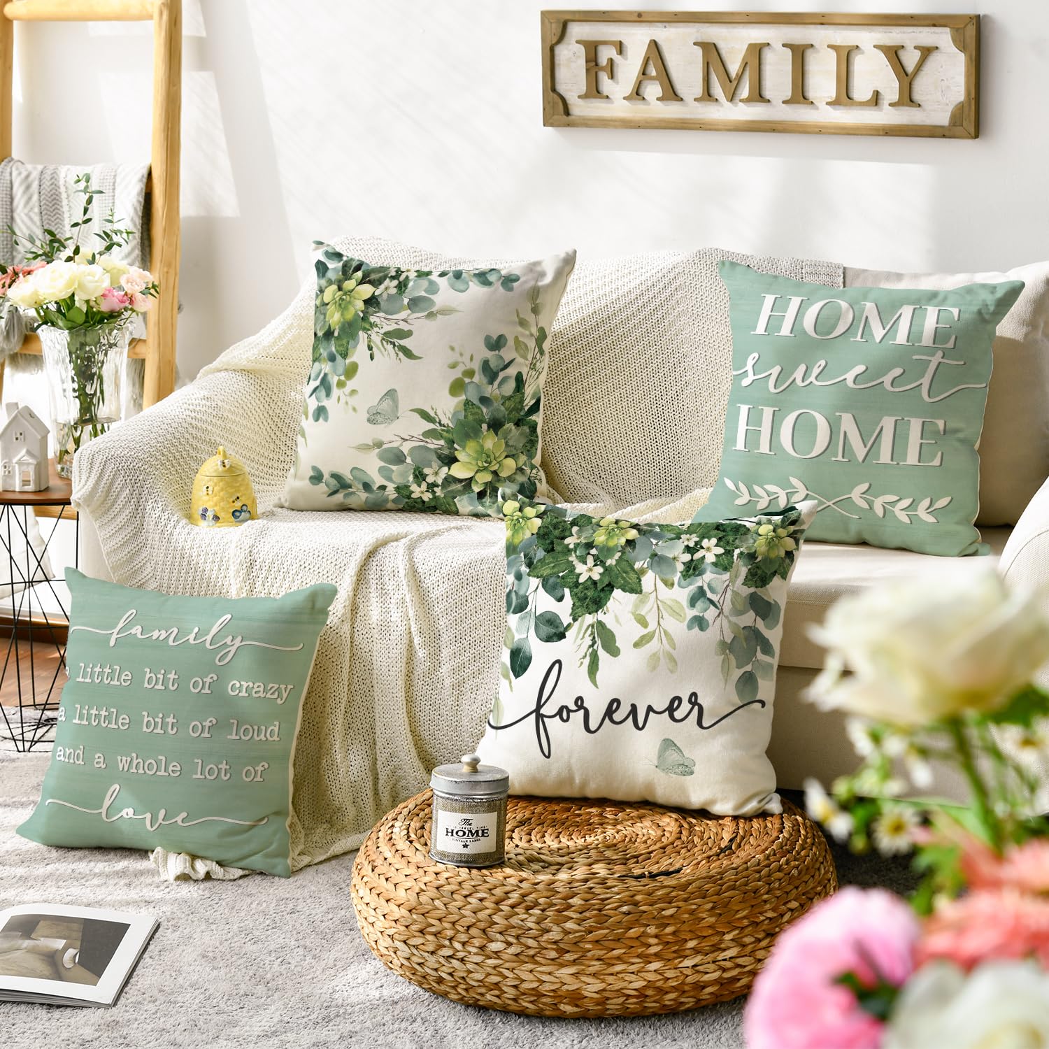 AVOIN colorlife Spring Home Sweet Home Eucalyptus Leaves Throw Pillow Covers, 18 x 18 Inch Seasonal Fall Motto Green Cushion Case for Sofa Couch Set of 4