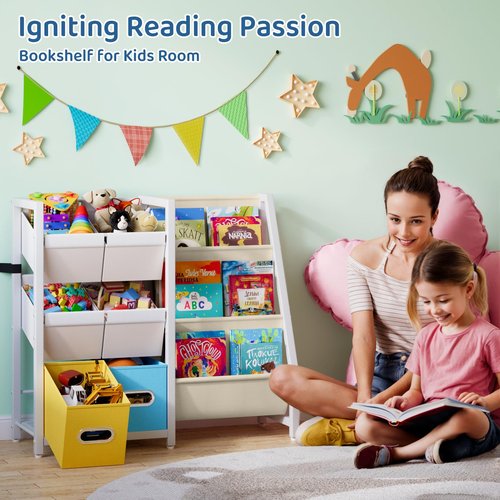 LATIBELL Kids Bookshelf Toy Storage Organizer - Book Shelf for Kid Rooms, 6 Toy Bins for Kid Organizer and 3 Sling Kids Bookcase, Toddler Baby Montessori Nursery Bookshelf Childrens Book Rack Display