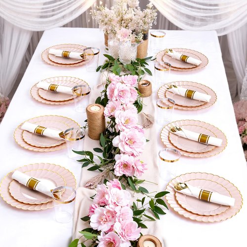 YOUBET 350PCS Pink Scalloped Plastic Plates - Pink and Gold Disposable Dinnerware Set Include 100 Plates, 150 Gold Silverware, 50 Cups, 50 Napkins for Wedding & Party Valentines Day