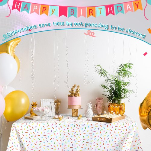 Oudain 3 Pieces Sprinkle Table Cloth Disposable Plastic Confetti Tablecloth 108 x 54 Inches Rectangle Baby Sprinkle Decorations for Girls Boys Birthday Wedding Baby Shower Party Supplies Favor (White)
