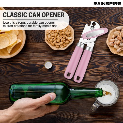 Rainspire Can Opener Manual Handheld Strong Manual Can Opener Smooth Edge Cut, Can Opener Heavy Duty, Comfortable Soft Handle, Built-in Bottle Opener, Pink