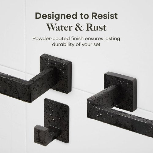 6 Pieces Bathroom Hardware Set, Matte Black Bathroom Accessories Set, Stainless Steel Towel Racks for Bathroom w/Roomy 15.7”x5.9” Shelf, Toilet Paper Holder, 2 Adhesive Hooks, Towel Bar