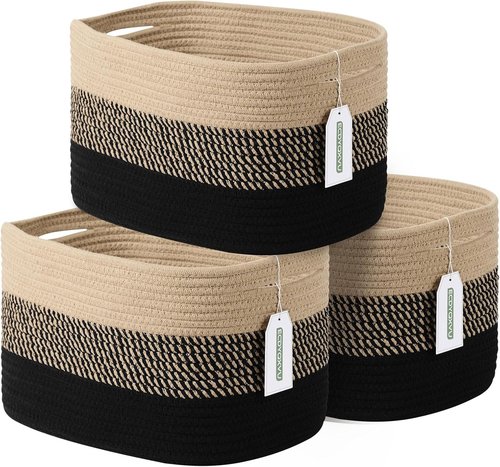 ECDYQXVU Cotton Rope Storage Basket - Woven Organizer for Shelves, Towels & Laundry | 15x10x9 Inches, Gradient Black/Brown (3 Pack)