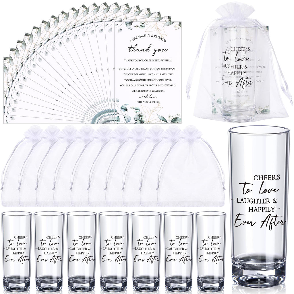 Sliner 100 Set Wedding Favors for Guests Bulk 2oz Acrylic Cheers to Love Shot Glasses with Thank You Cards Organza Bags for Guest Souvenirs (Cylinder,Cheers to Love Laughter and Happily Ever After)