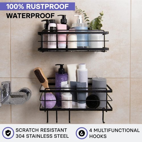 KINCMAX Premium Shower Caddy - 2-Pack Adhesive Organizer | Rustproof Stainless Steel, Matte Black Storage Shelves