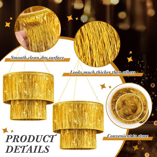 Rossesay 2 Pcs 2 Tier Fringe Tinsel Chandelier Iridescent Foil Party Disco Ball Decor Chandelier Decoration Metallic Foil Shimmering Bachelorette Party Decor Photo Booth Supplies(Gold)