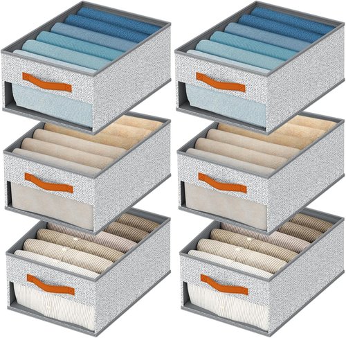 Homsorout Drawer Organizers - 6 Pack Foldable Fabric Pants Organizer with Clear Window & Handles | Light Gray
