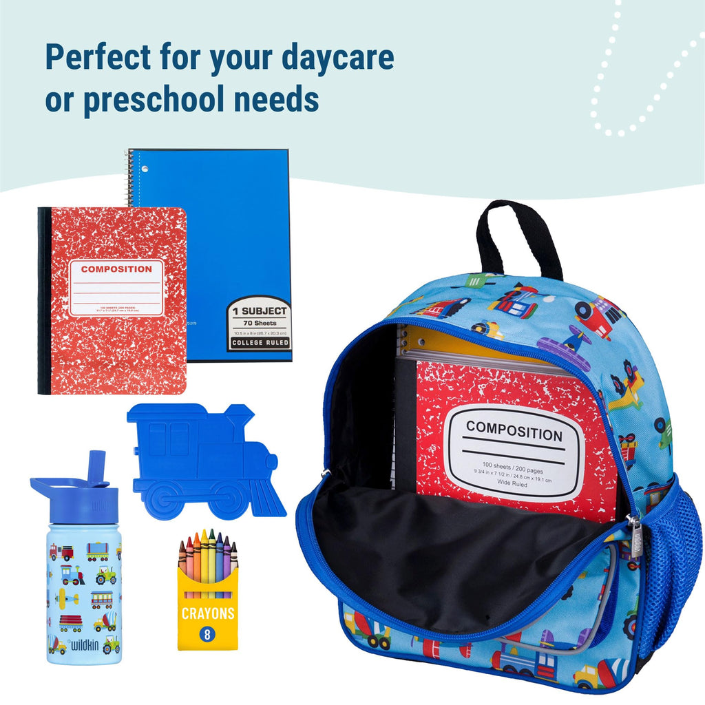 Wildkin 12-Inch Kids Backpack Bundle with 16 oz Reusable Water Bottle – Durable, Lightweight School & Travel Set - Trains, Planes & Trucks