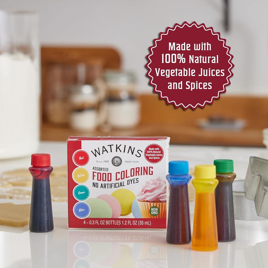 Watkins Food Coloring Set - Assorted Red, Yellow, Green, Blue | 4 x 0.3 oz Bottles