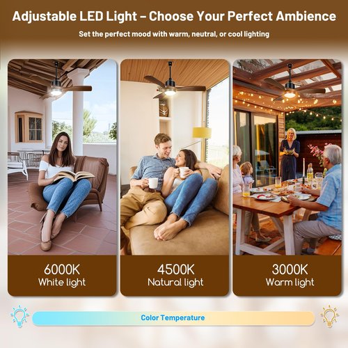 AMZATYI 42 Inch Gazebo Fan - Smart Plug-in Outdoor Ceiling Fan with Light & Remote, IP65 Wet Rated, 16ft Cord, App Control for Patio, Pergola, Deck, Brown