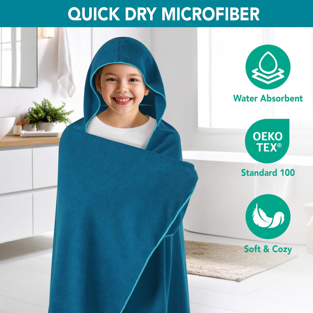 SUN CUBE Kids Hooded Towel, Absorbent Quick Dry Beach Bath Towel, Swim Surf Poncho Wrap Shower, Pool, Bath, Boys, Girls, Large 30x60 inch, Age 3-9 Years, Sea Blue