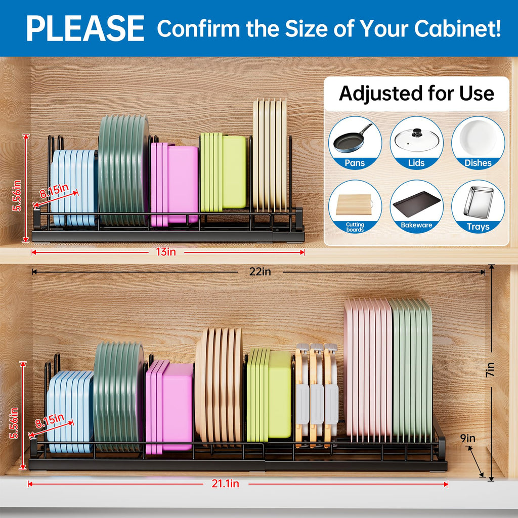 GAGUIUP Premium Adjustable Kitchen Bakeware and Pan Organizer - Food Container Lid Organizer Ideal for Cabinet, Drawers, Cupboard, Pantry Storage, Matte Black