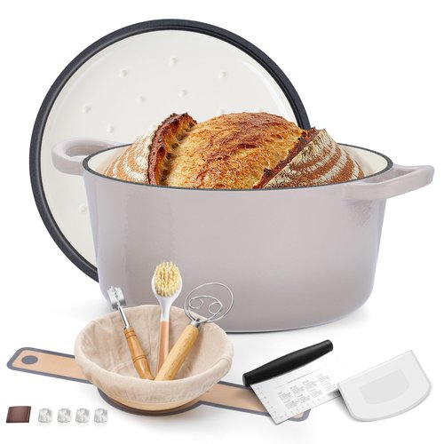 E-far Enameled Dutch Oven Pot for Bread Baking, 6QT Enameled Cast Iron Cookware with Self-Basting Lid & Sourdough Bread Baking Supplies, Heavy Duty Casserole Pot & Dual Handles-Khaki