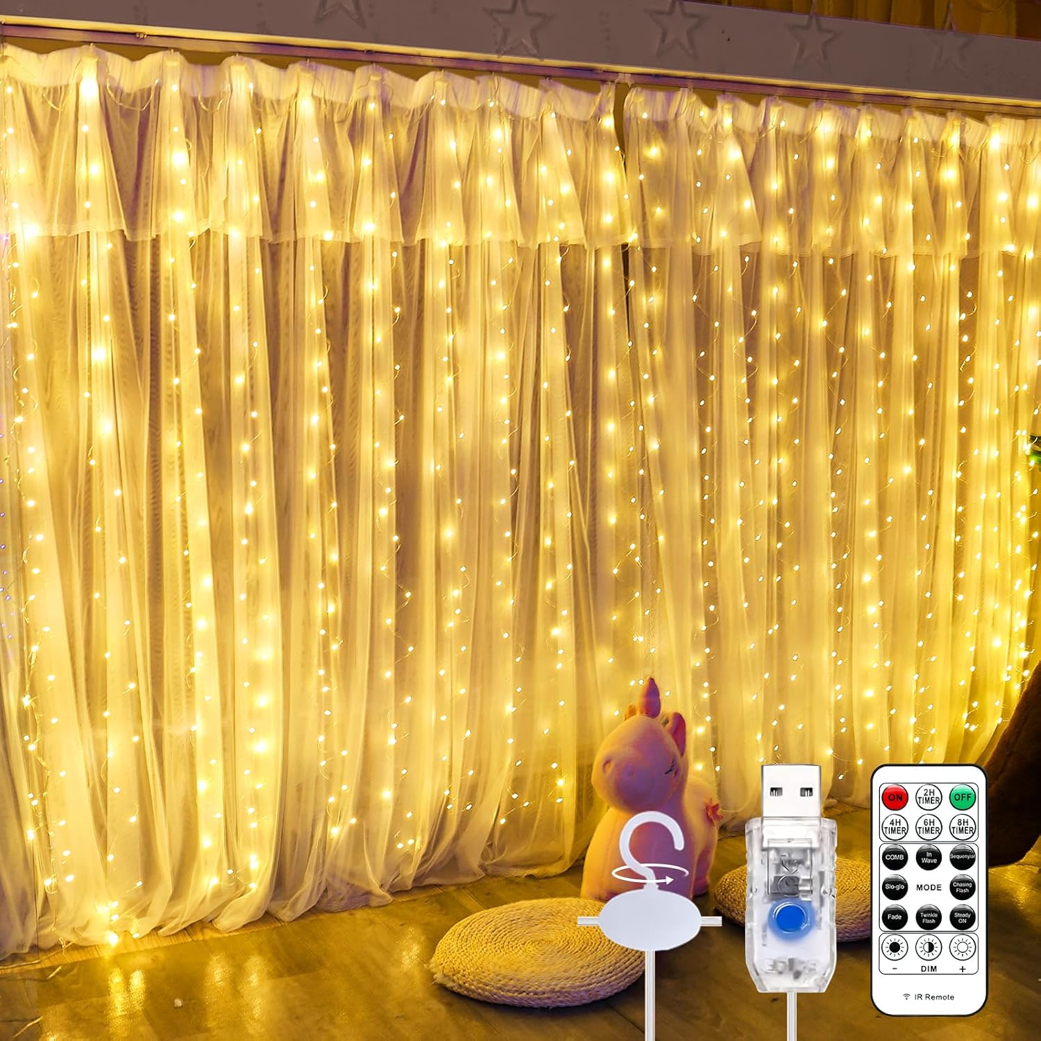 Skiennix 600 LED Curtain Lights - 19.6ft x 9.8ft Fairy String Lights with 24 Hooks | 8 Modes for Wedding, Party, Xmas Decor, Warm White