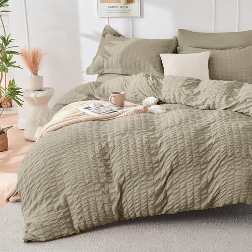 HYMOKEGE Linen Full Size Comforter Set - Luxurious 7-Piece All-Season Bedding in Seersucker Design