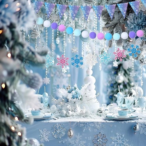 Fanfanwin Snowflake Birthday Banner Set - 5 Pcs Blue Snowflake Design with Felt Castle Decor | Winter Holiday Party