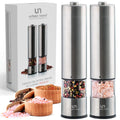 Urban Noon Electric Salt and Pepper Grinder Set (2 Mills, 8.1" Tall) - One-Handed Push-Button Mills with LED Light, Adjustable Ceramic Coarseness, Gift-Ready Box, 1-Year Warranty - Stainless Steel