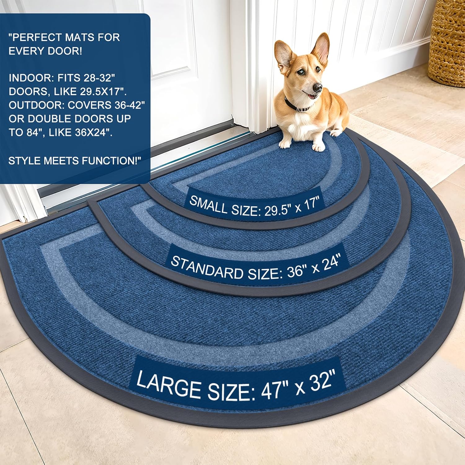 OLANLY Half Circle Door Mat - Waterproof All-Season Indoor/Outdoor Welcome Mat | 33x21, Light Blue