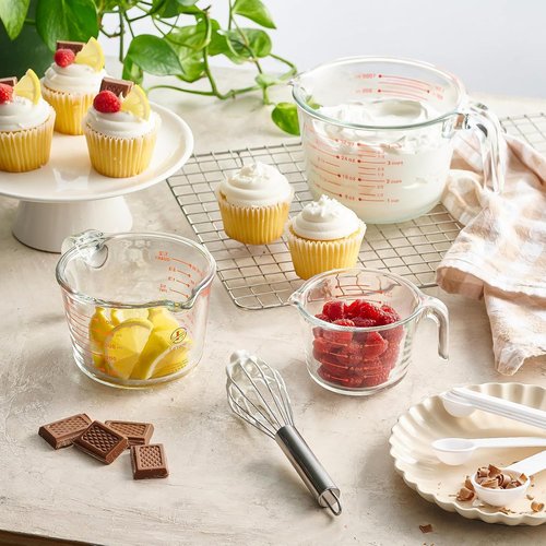 Le'raze Glass Measuring Cups Set - 3-Piece Kitchen Mixing Bowls with Spoons & Whisk | Clear, Multi-Size