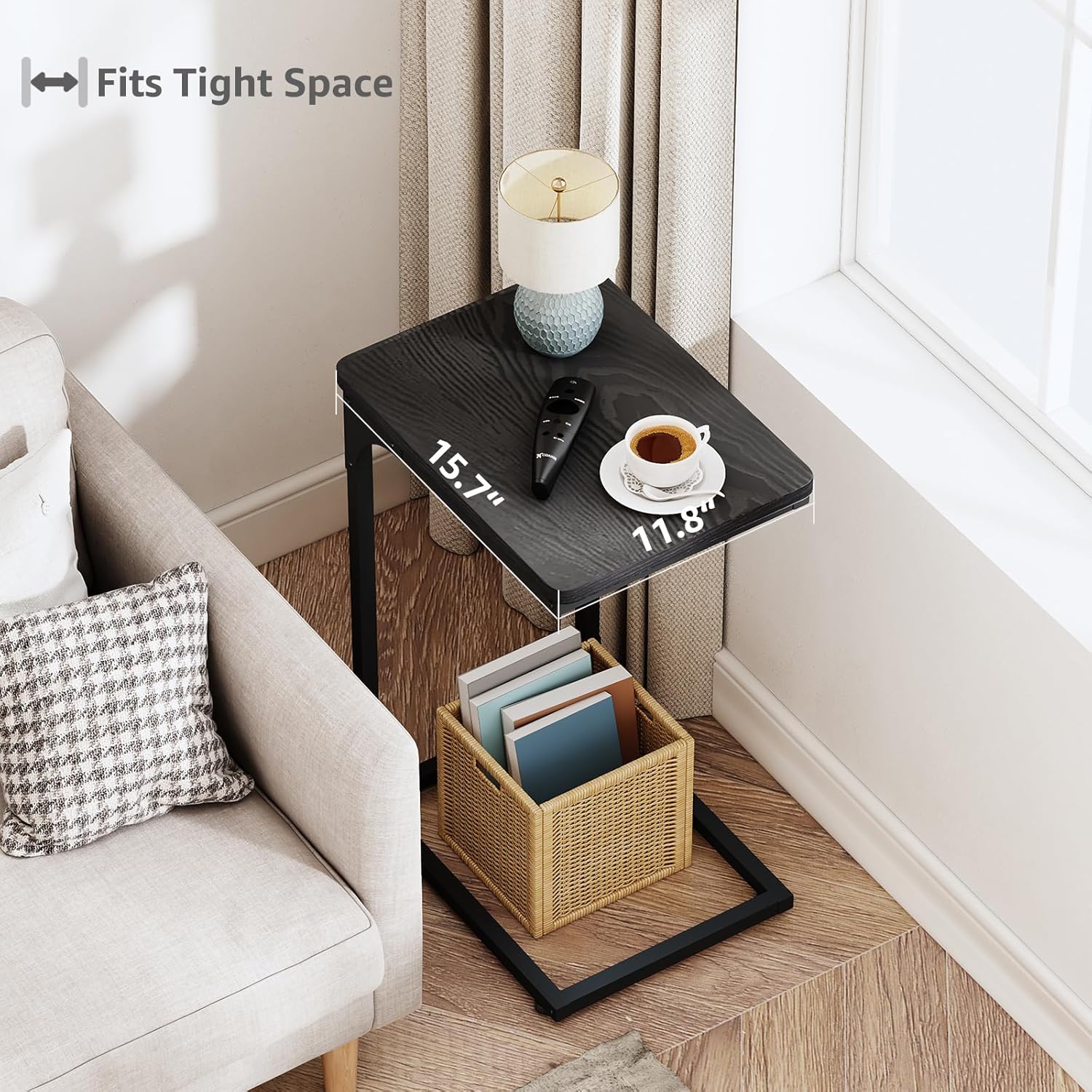 QEEIG C Table Set of 2 - Modern Black C Shaped Side Tables for Living Room & Couch