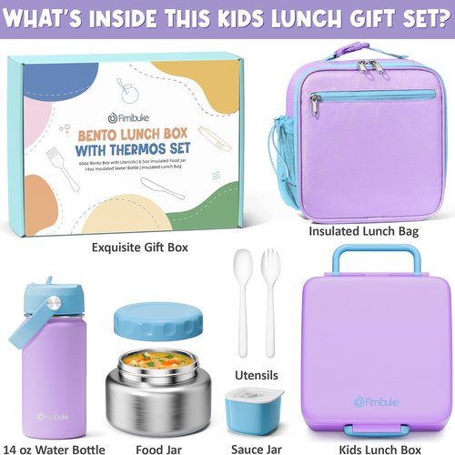 Fimibuke Kids Bento Lunch Box - Leakproof & Insulated Food Jar with Lunch Bag & Water Bottle | 3-4 Compartment Design